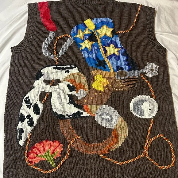 Vtg 90s Berek Marta D Sweater Vest M Wearable Art Hand Knit Western Cowgirl - Picture 14 of 16
